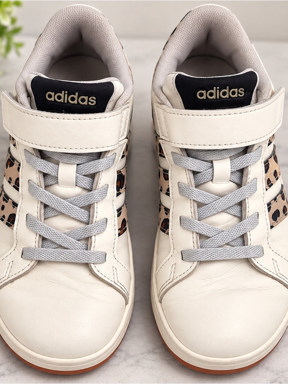 adidas Kids Cream Sneakers with Leopard Stripes